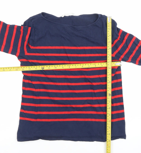 MNG Women Navy Red Striped 3/4 Sleeve Cotton Boat Neck Top Size S