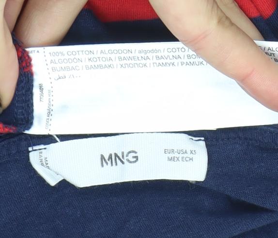 MNG Women Navy Red Striped 3/4 Sleeve Cotton Boat Neck Top Size S