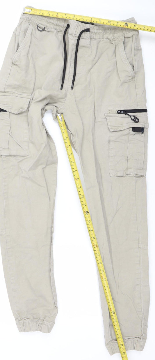 Denim Co. Men's Beige Slim Cargo Trousers Size S Elastic Waist