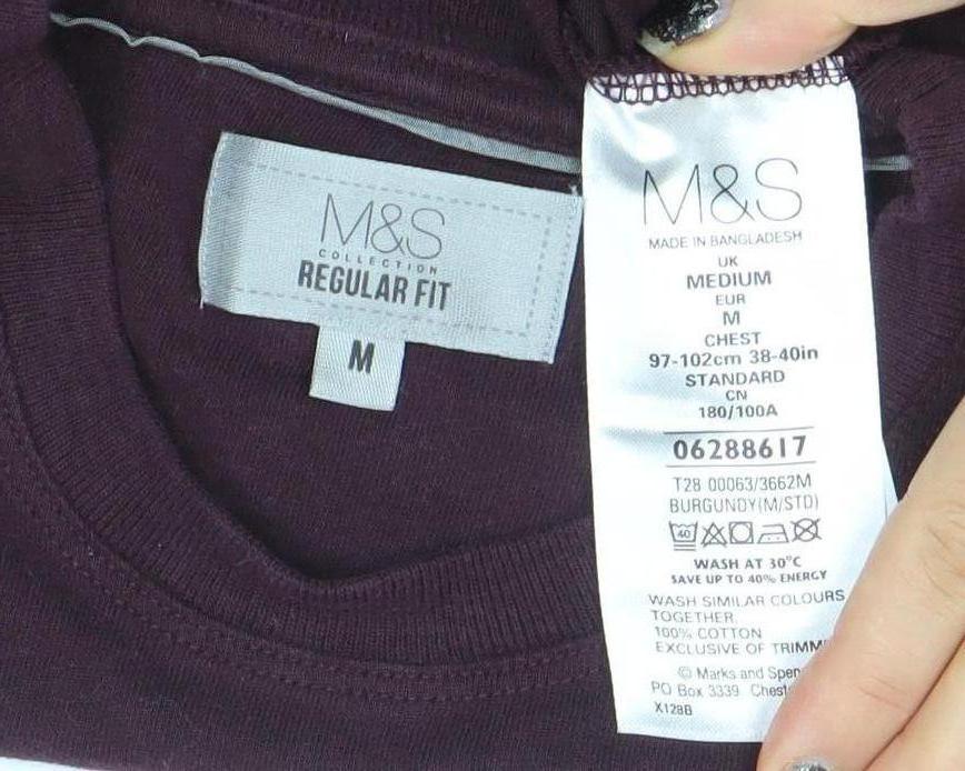 Marks and Spencer Men's Burgundy Cotton Long Sleeve Regular Fit T-Shirt Medium