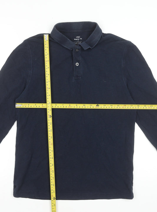 Marks and Spencer Men's Navy Long Sleeve Polo Shirt Size S Regular Fit 100% Cotton