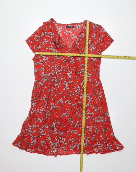 Quiz Women Red Floral Ruffle Wrap Dress Size 16