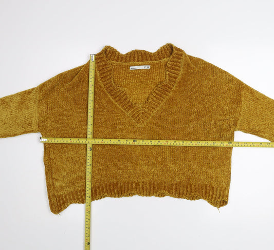Lefties Women Gold V-Neck Chunky Knit Pullover Jumper Size 8