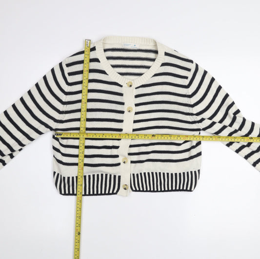 Primark Women Black & White Striped Cotton Cardigan M V-Neck Knit