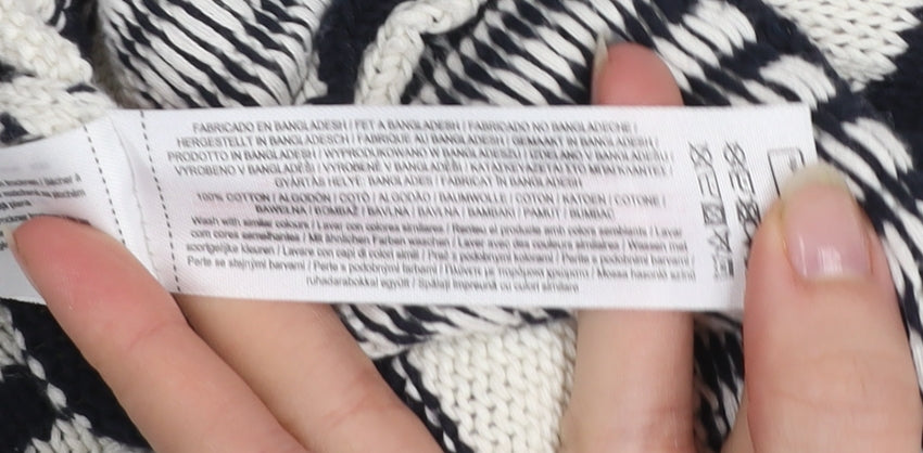 Primark Women Black & White Striped Cotton Cardigan M V-Neck Knit