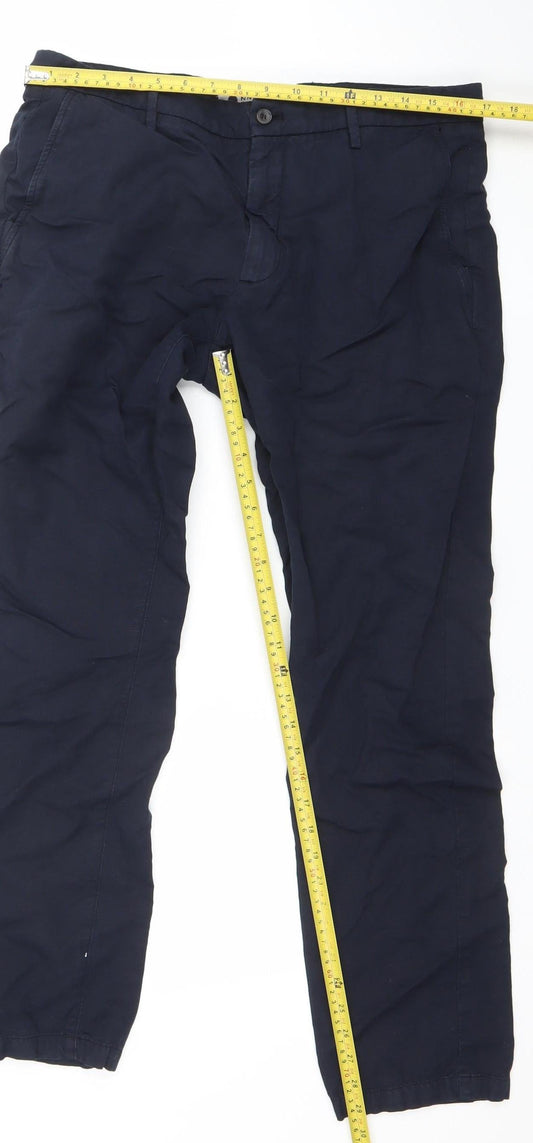 NN07 Men's Blue Cotton Linen Karl Regular Fit Chino Trousers 34W 32L