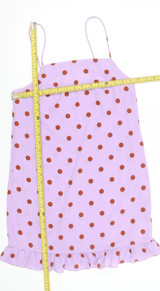 Boohoo Women’s Purple Polka Dot Slip Dress Size 8 Ruffle Hem