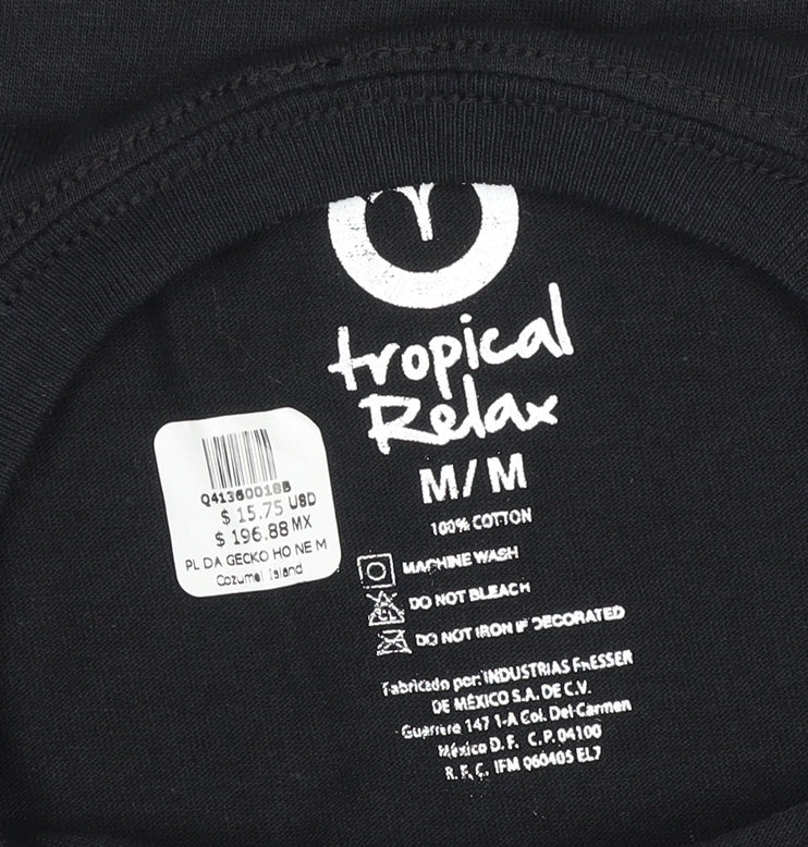 Womens UK Size M Tropical Relax Black Basic T-Shirt
