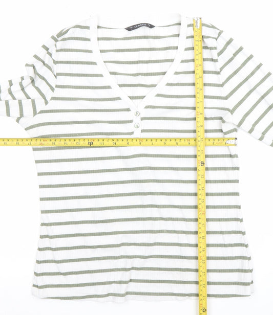 Dunnes Women’s White Green Striped Long Sleeve V-Neck T-Shirt L