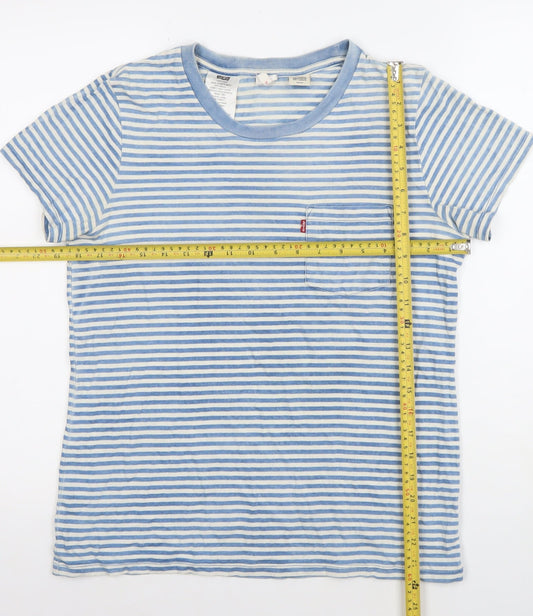 Levi's Women Blue Striped Cotton Crew Neck Short Sleeve T-Shirt S