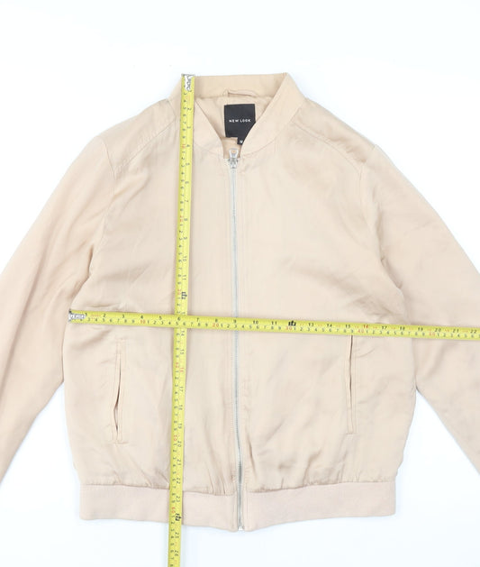 New Look Women Beige Bomber Jacket Size 12 Polyester Zip Casual
