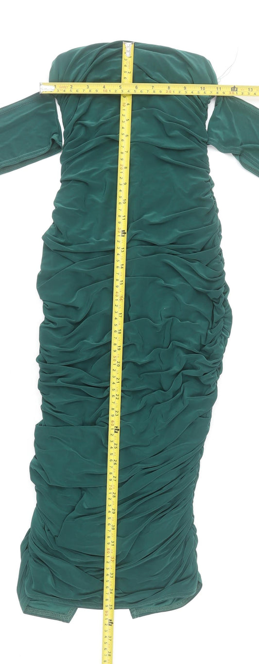 Femme Luxe Women's Green Off Shoulder Ruched Bodycon Long Dress Size 6