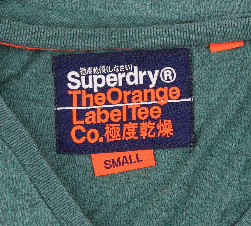 Superdry Men's Green V-Neck Orange Label T-Shirt Size S