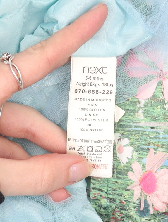 Next Girls Blue Rabbit Floral Scene Fit & Flare Dress 3-6 Months