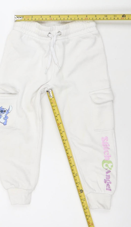 Disney Girls White Stitch Jogger Trousers 2-3 Years Cotton Blend Fleece