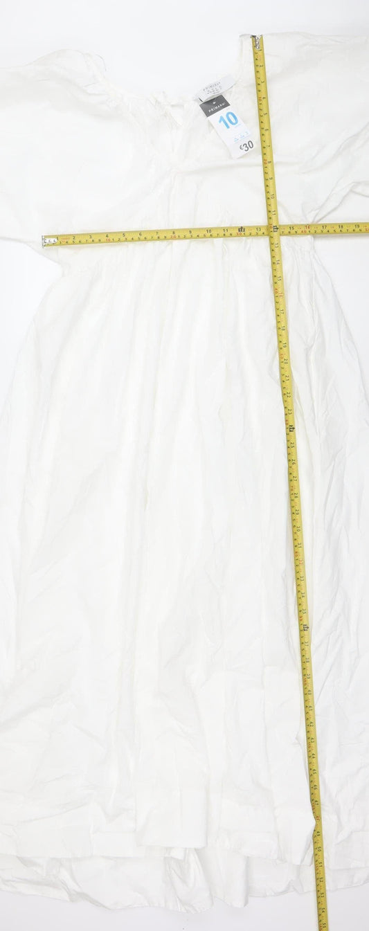 Primark Women White Cotton Puff Sleeve A-Line Midi Dress Size 10