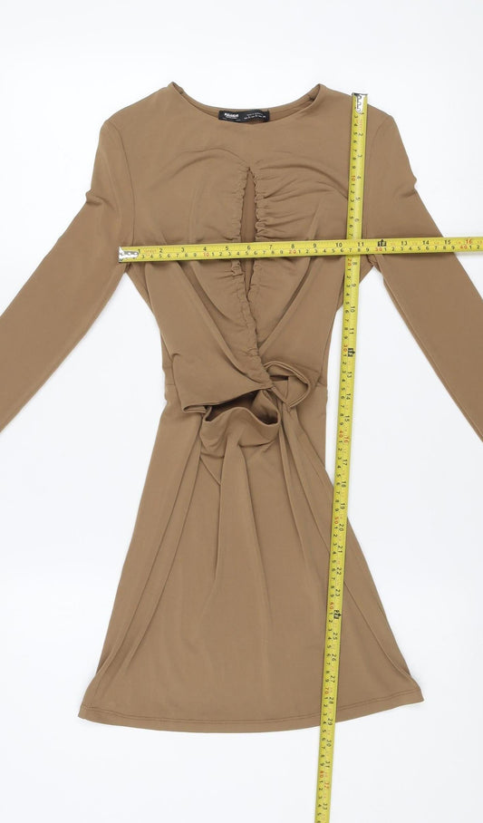 Pull & Bear Women Beige Ruched Bodycon Short Dress Size 8 Long Sleeve