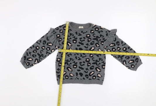 F&F Girls Grey Leopard Print Ruffle Jumper 6-7 Years Cotton Blend