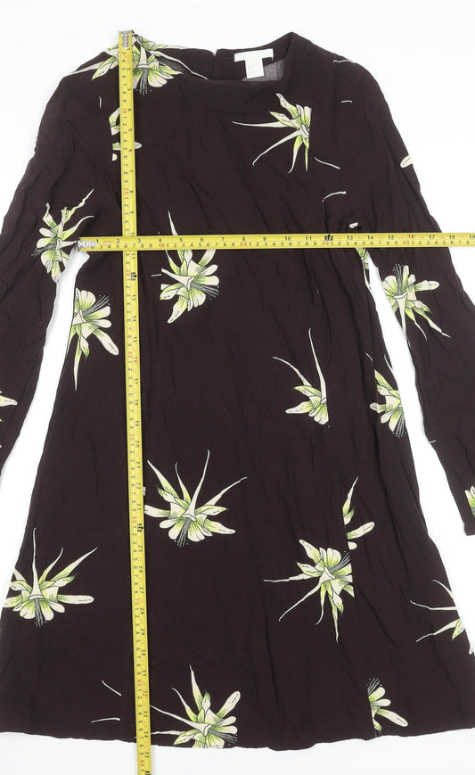 H&M Women Black Floral Shift Dress Size 8 Long Sleeve Knee Length
