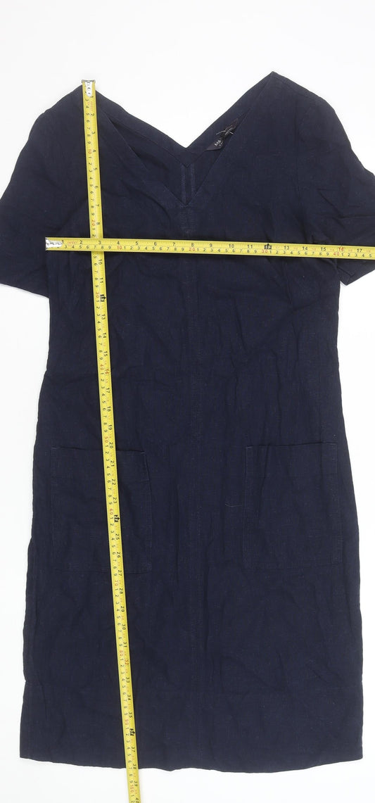 Marks and Spencer Women's Blue Linen Blend V-Neck Shift Dress Size 6