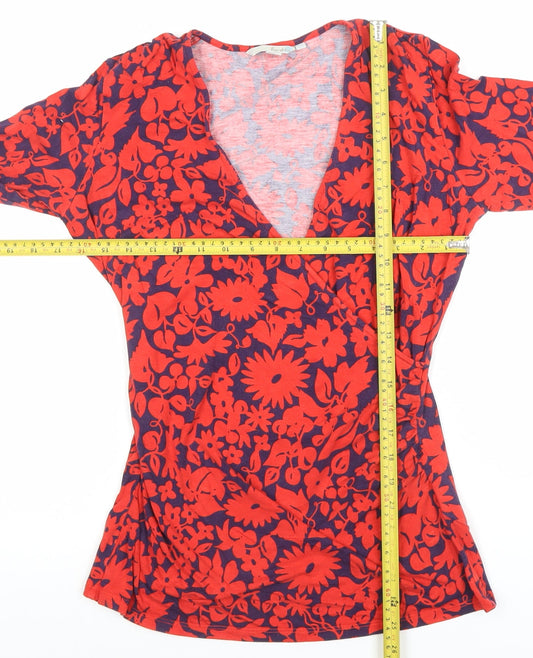 Boden Women's Red Floral Wrap Jersey Blouse Size 10 Long Sleeve