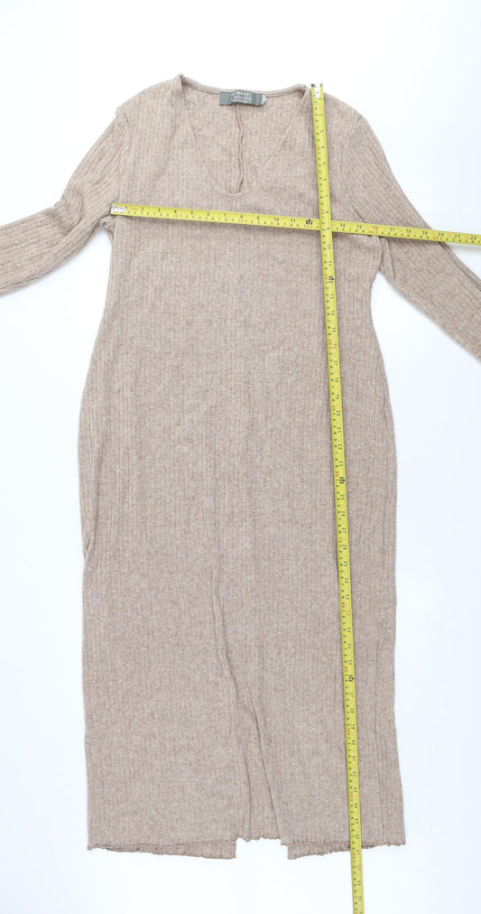 Primark Women Beige Midi Bodycon Knit Dress Size L V-Neck Long Sleeve