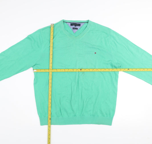 Tommy Hilfiger Men’s Green Cotton V-Neck Jumper Size L Classic Knit