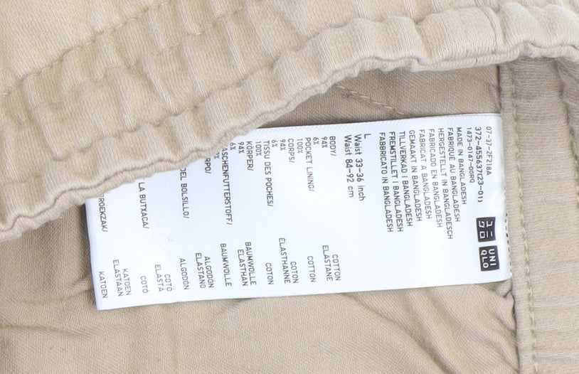 UNIQLO Men Beige Elastic Waist Cotton Blend Jogger Trousers 33-36in Waist