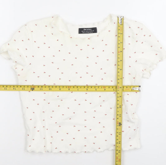 Bershka Womens White Cherry Print Ribbed Short Sleeve T-Shirt XS