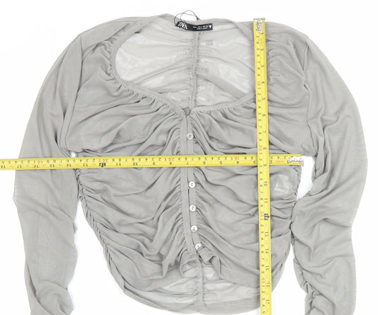 Womens UK Size L Zara Grey Cropped Button-Up