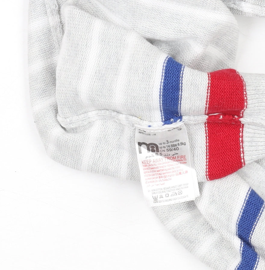 Brand and care label for Mothercare unisex grey striped knit babygrow 0-3 months