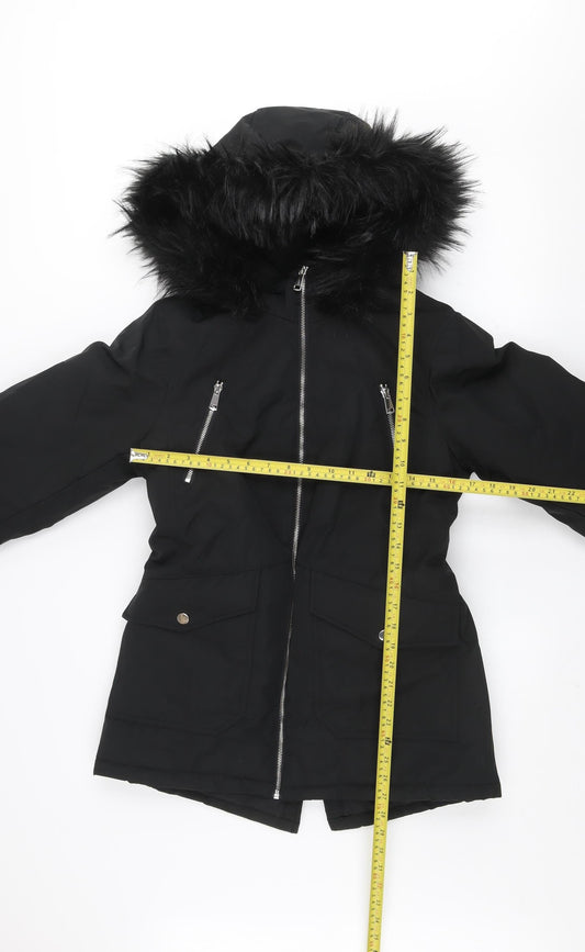Primark Womens Black Fur Trim Hooded Parka Jacket 2XS
