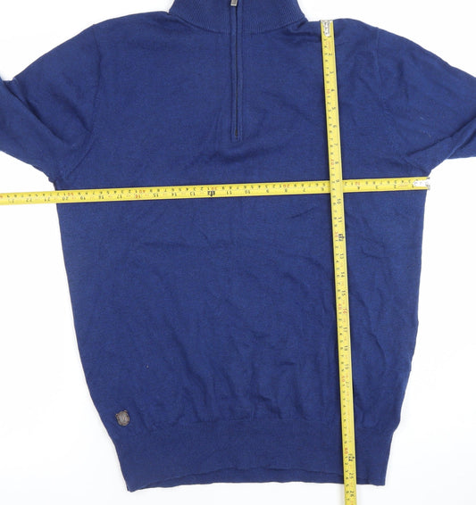 6th Sense Men's Blue Wool Cotton 1/4 Zip High Neck Jumper M
