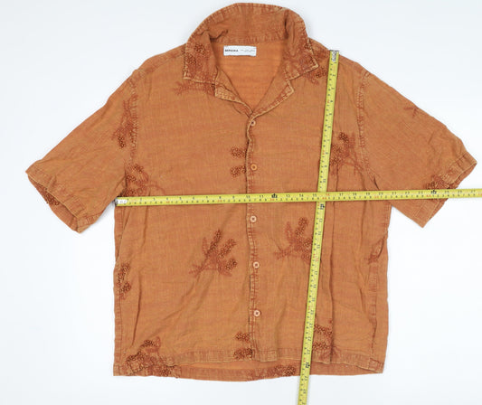 Bershka Women Brown Linen Embroidered Short Sleeve Button-Up Shirt Size 8