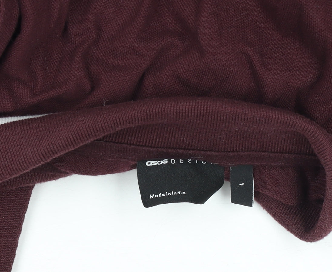 ASOS DESIGN Men’s Burgundy Long Sleeve Polo Shirt L Cotton Blend