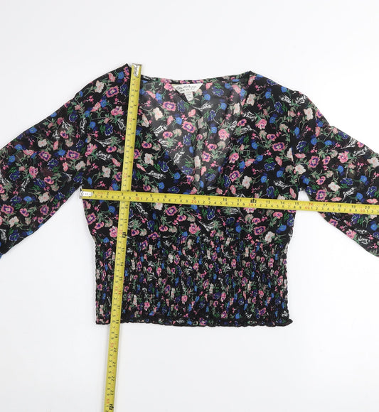 Miss Selfridge Womens Multicoloured Floral Long Sleeve V-Neck Cropped Blouse UK 10