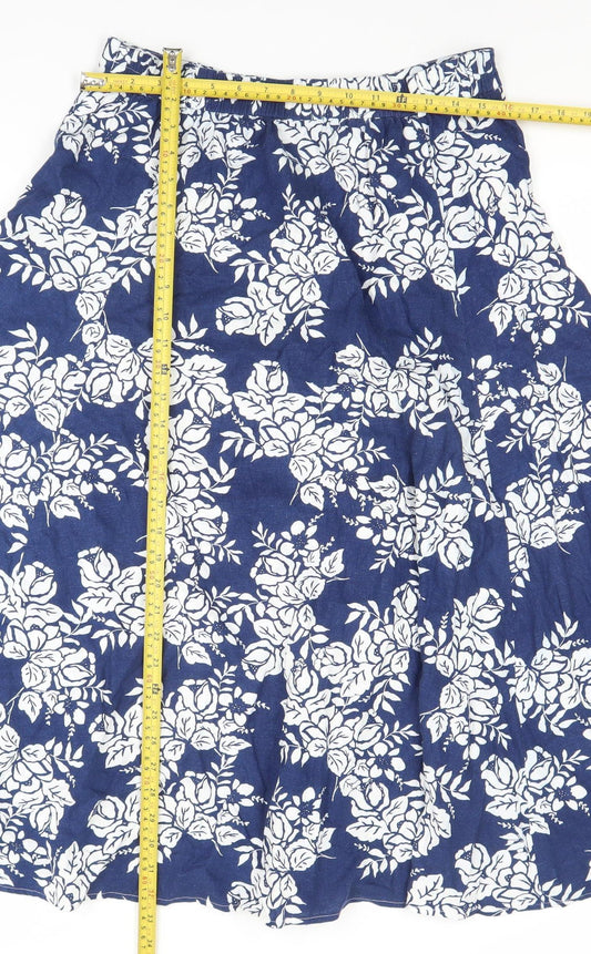 BHS Women Blue Floral Linen A-Line Midi Skirt Size 14