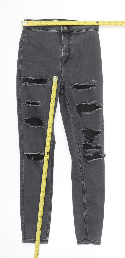 Topshop Women Grey Distressed Skinny Jeans Size 10 High Rise Stretch Denim