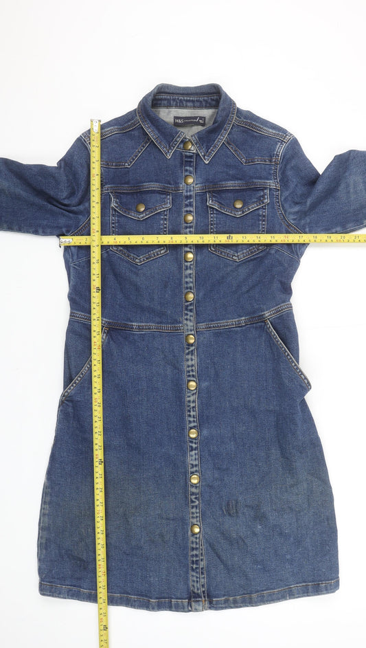 Marks and Spencer Women Blue Denim Shirt Dress Size 10 Long Sleeve