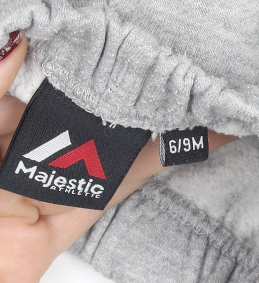 Brand and care label for Majestic Athletic unisex baby grey 6-9m sweatpants fleece ny yankees