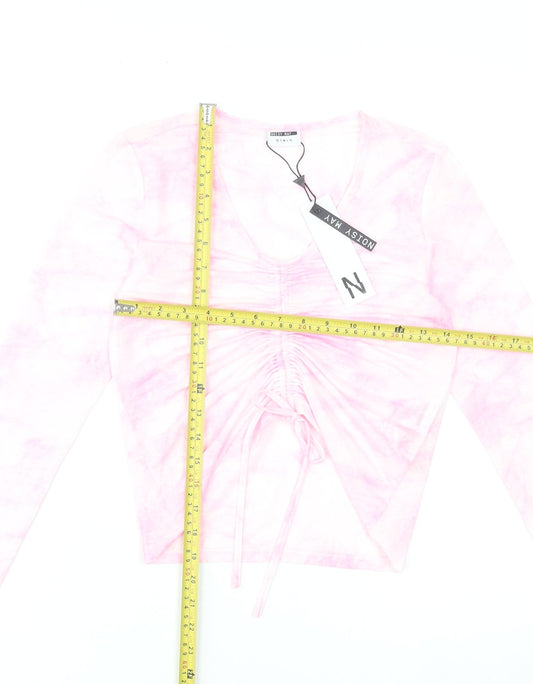 Noisy May Womens Pink Cropped Long Sleeve V-Neck Stretch Top S