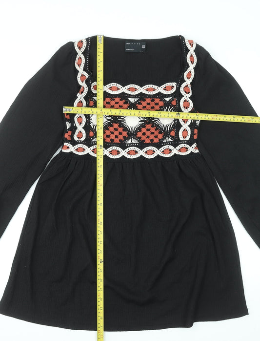 ASOS Design Women Black Size 8 Bohemian Embroidered Long Sleeve Short Dress