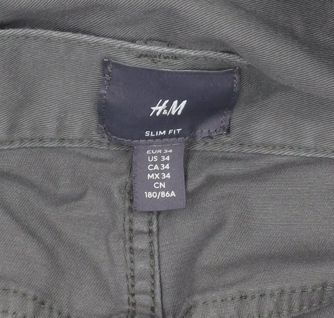 H&M Men's Green Slim Fit Chino Trousers Size 34 Cotton Blend