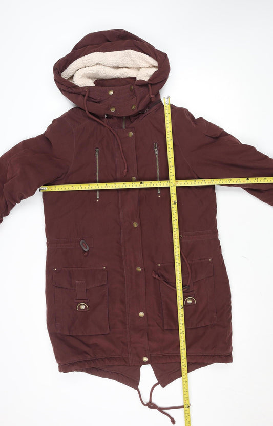 Noisy May Women’s Brown Hooded Parka Jacket M Lined Drawstring Zip Casual