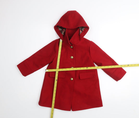 Next Girls Red Hooded Duffle Coat 2-3 Years Wool Blend Buttoned Warm
