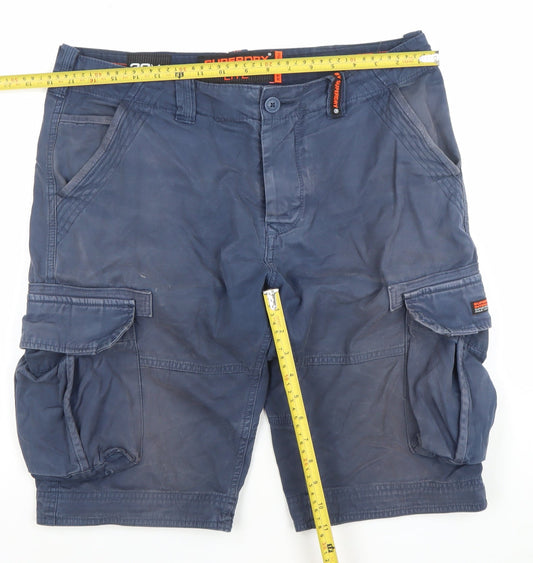 Superdry Men Blue Cargo Shorts 32 Regular Fit Cotton Stretch
