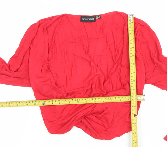 PrettyLittleThing Womens Red Cropped V-Neck Long Sleeve Blouse Size 8