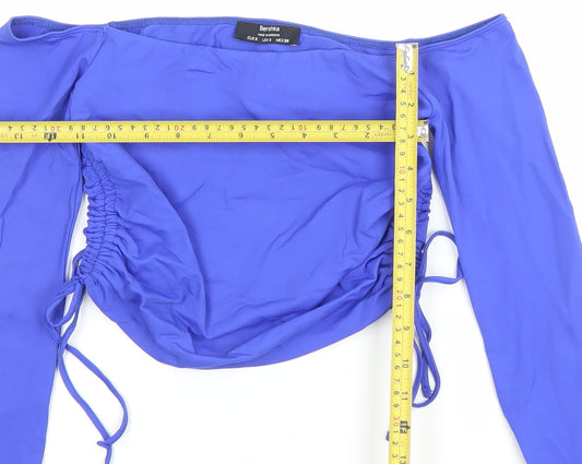 Bershka Women's Blue Off Shoulder Long Sleeve Ruched Top Size S