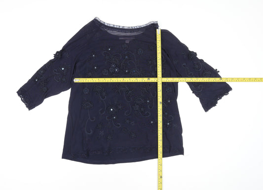 Jacques Vert Women's Navy Blue Embroidered Lace Tunic Blouse Size L