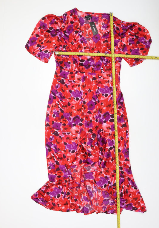 Boohoo Women’s Red Purple Floral Midi Wrap Dress Size 14
